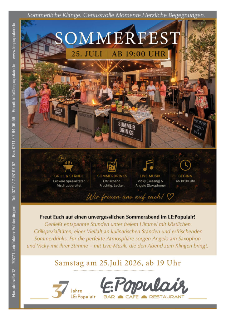 Sommerfest LE Populair in Leinfelden-Echterdingen 25.07.2026,Sommerliche Klänge.Genussvolle Moment.Herzliche Begegnungen
